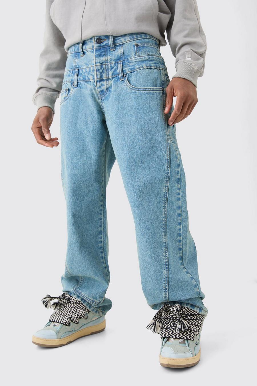 Baggy Rigid Double Waistband Jeans In Vintage Blue | boohoo USA Baggy Rigid Double Waistband Jeans In Vintage Blue | boohoo USA